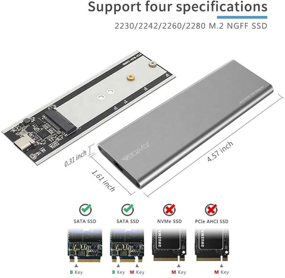 M.2 SSD Enclosure M2 SATA NGFF to USB 3.0 Adapter Aluminum 5Gbps B-Key SSD Case Portable External Case for 2230 2242 2260 2280