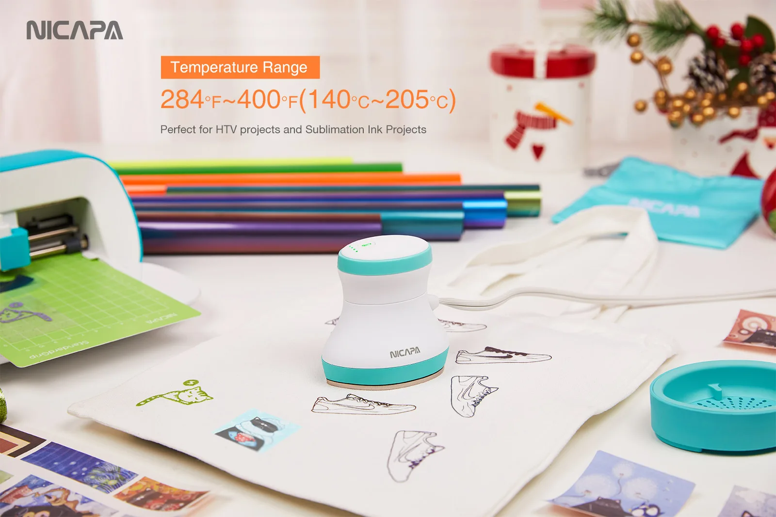 Nicapa 220-240V Euro Plug Easy to Transfer Blue Mini Heat Press Machine for Printing T Shirts Shoes Hats HTV Vinyl Projects