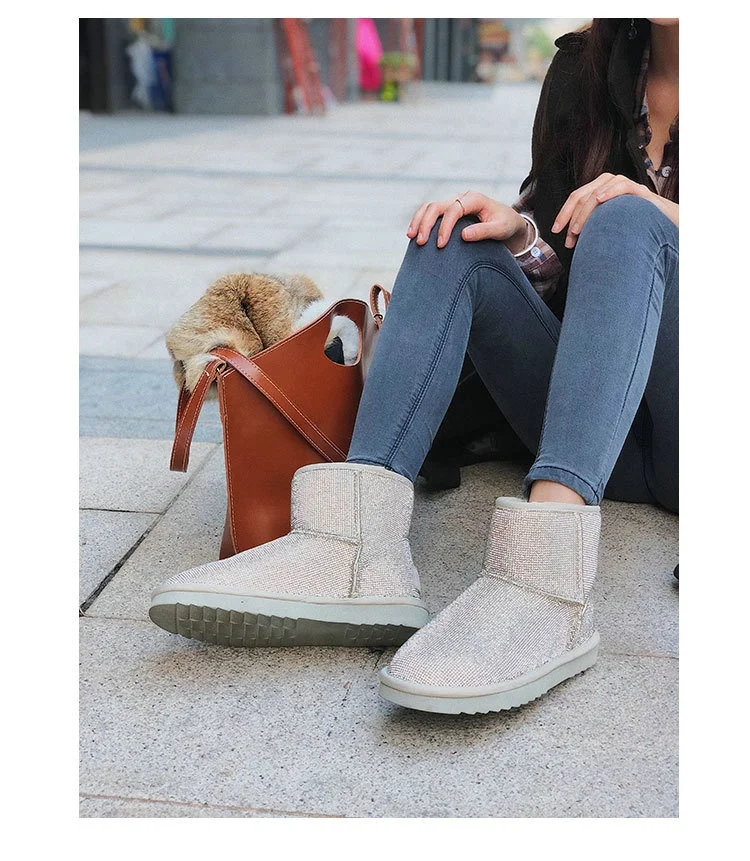 Handmade Crystal Warm Winter Boots Women Furry Snow Boots Bling Rhinestone Ankle Boots