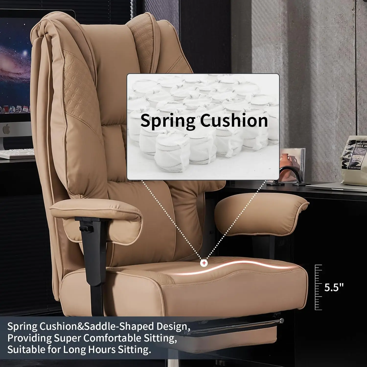 JL Big and Tall Office Chair 400lbs Wide Seat Leather Boss Chaise High Back Black Executive Computer Chair with Foot Rest