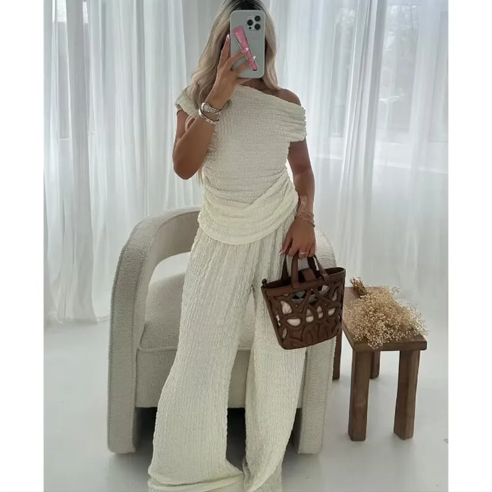 2024 New Chic Asymmetric Top High Waist White Two Piece Pants Set