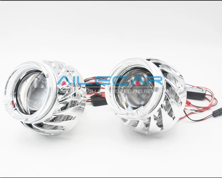 ALECAR Wholesale 2.5 inch Mi ni H1 turine shrouds bi xenon headlight projector lens with dual led multi-colored angel eyes