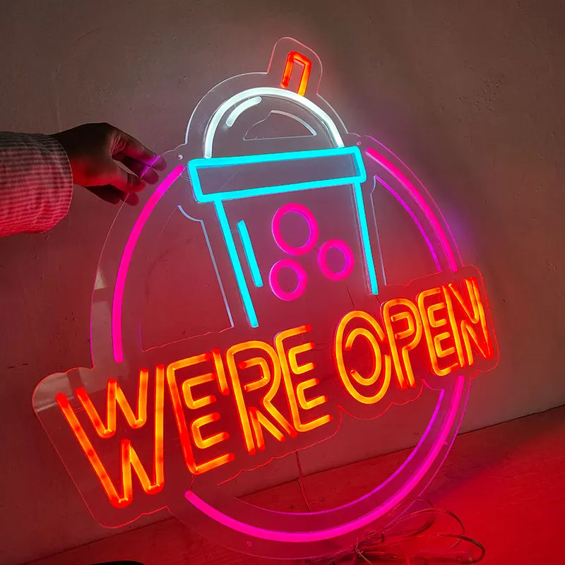Custom Wholesale But First Bubble Boba Shop Decor We Are Open Led Neon Sign Boba Tea Sign