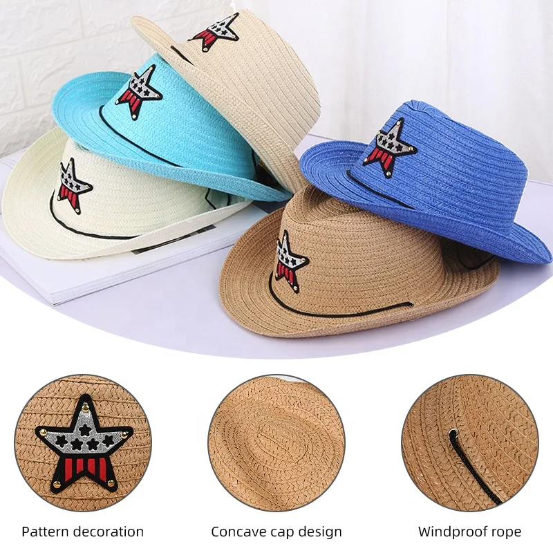 new fashion cheap baby boy girl children curved brim cowboy hat kids five star summer cowboy paper straw hat