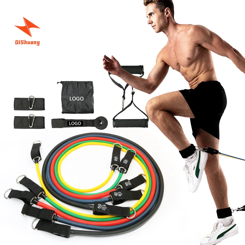 Hot Sale 11 Pieces Rubber Resistance Tube Bands Elastic Fitness Band Set with Handles, Legs Ankle Straps and Carry Bag