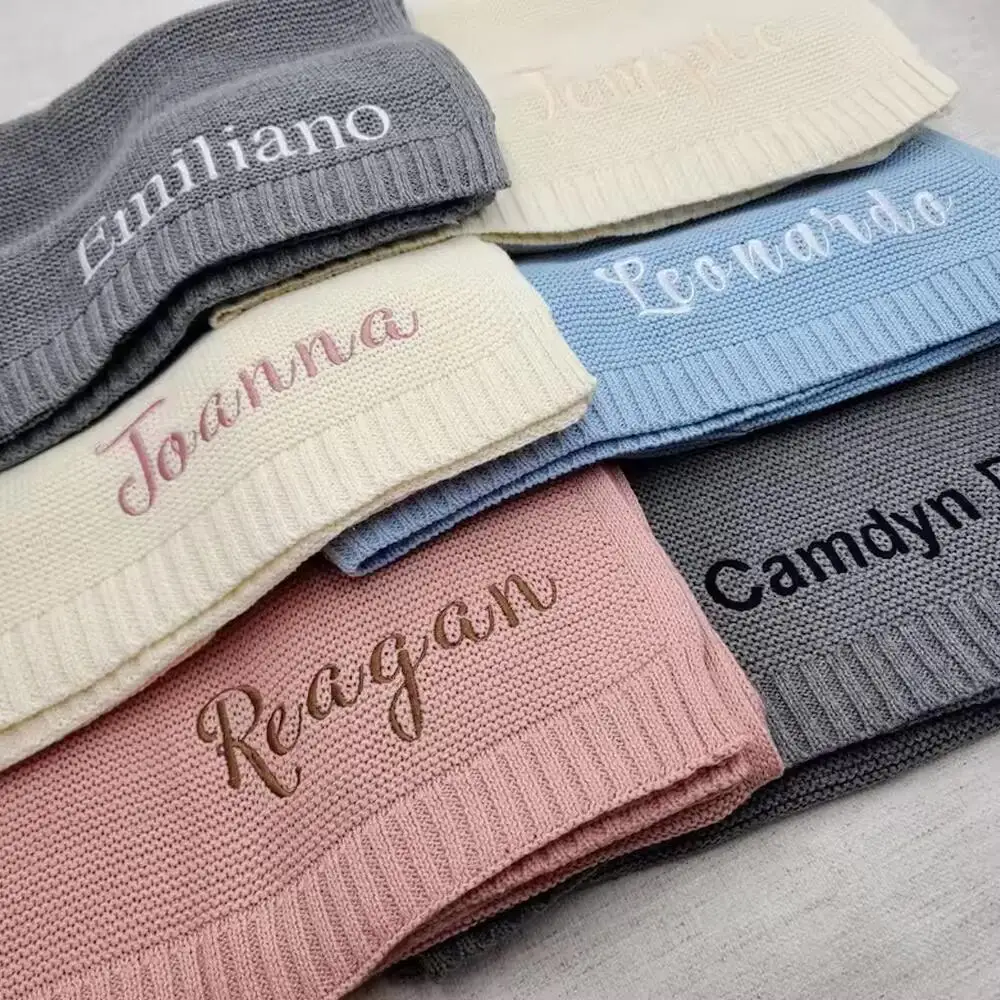 Custom Personalized Embroidery Name 100% Cotton Broadside Knitted Crocheted Baby Sleeping Throw Blanket for Baby Boy Girl