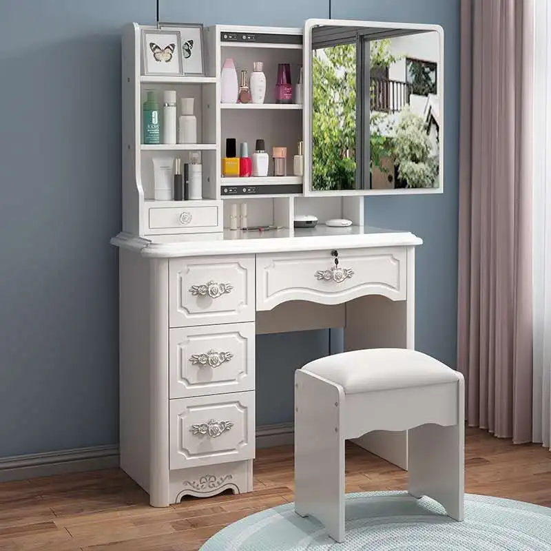
MDF Cherry Mirrored Dressing Table with LED sliding Mirror 