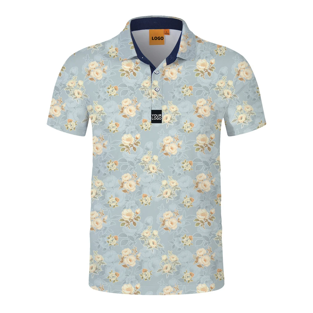 Wholesale luxury high quality stretch elastic full all over print sublimation polyester golf polo t shirt custom logo poloshirts