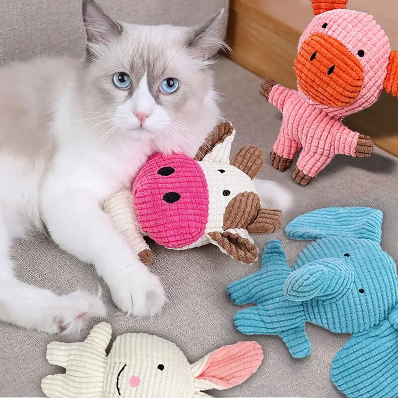 Soft Plush Animal Dog Chew Toy with Squeaker for Interactive Pet Play - Elephant, Pig, Cow Design