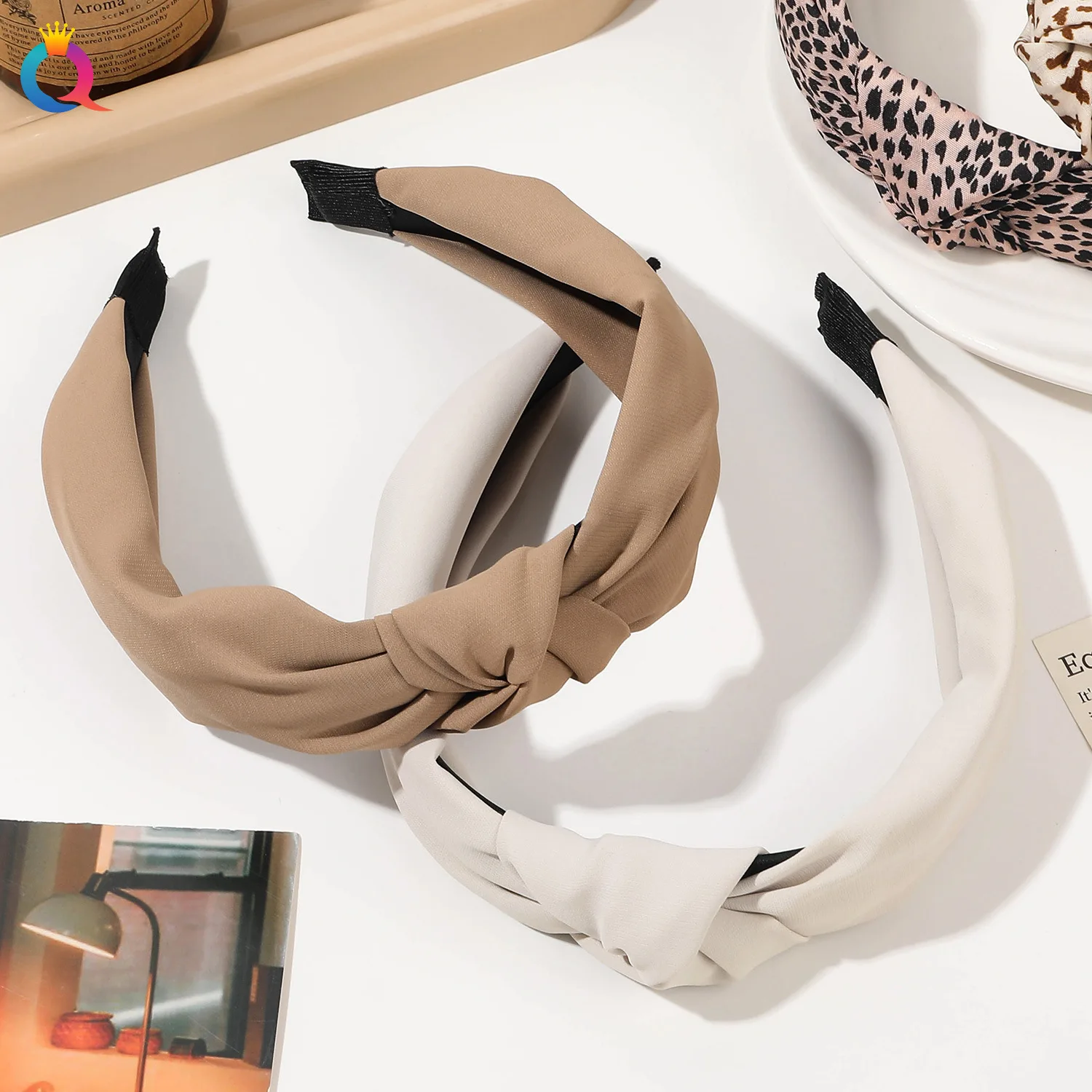 Korean Headband Hair Accessories Solid Color Fabric Knotted Headdress Retro Leopard Print Wide Brim Outgoing Hair Band For Girls