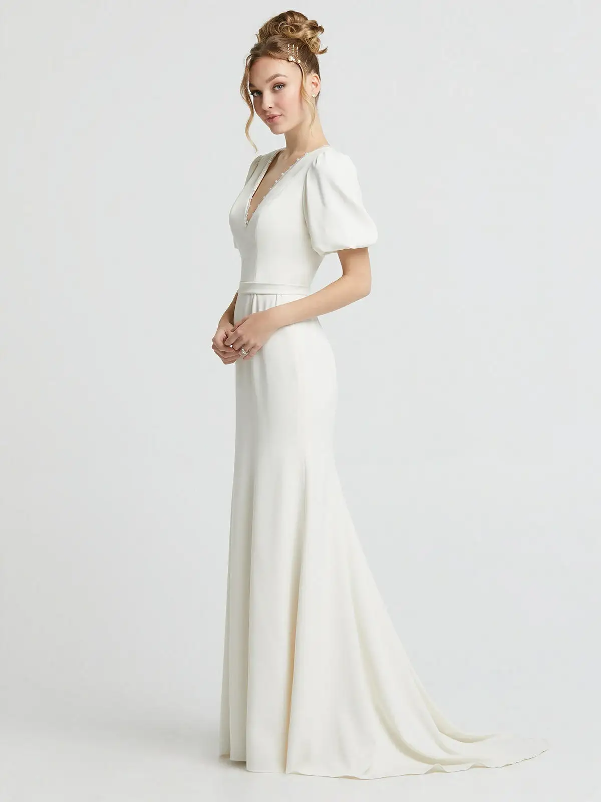 Pearl Trimmed V-Neck Mermaid Silk Wedding Dress with Bell Sleeves