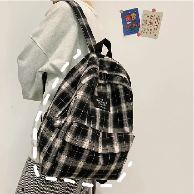 Students Backpack Women Plaid Pattern School Bag Canvas Softback Campus Style Rucksack Travel Bagpack