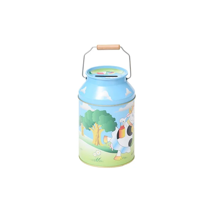 milk bucket money Coin tin box tube with handle and plastic slot