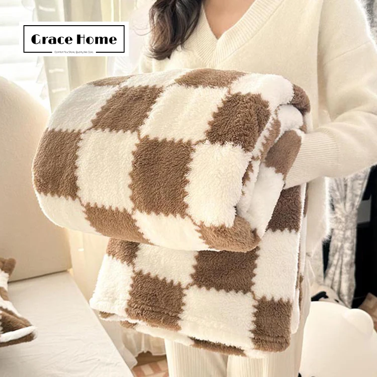 Grace Home Competitive Manufacturer Classic Plaid Printing Double Sides Coral Flannel Fleece Blanket For Winter Air Conditioner