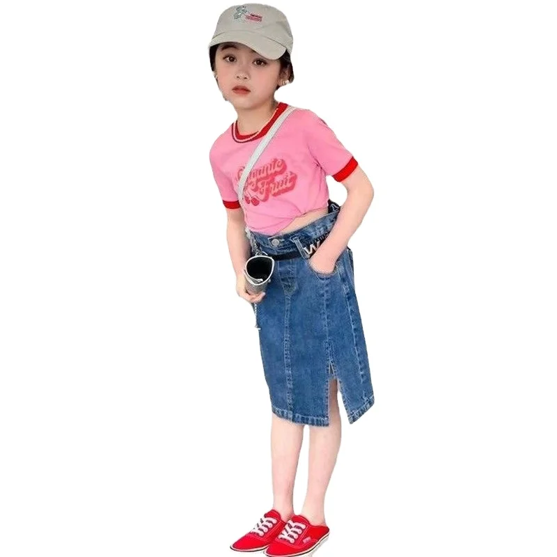 Hot Sale Summer Children Clothes Sets 120-170cm Girls Cherry Pattern Shirt And Cowboy Skirt Shorts Casual 2 Pcs Sets