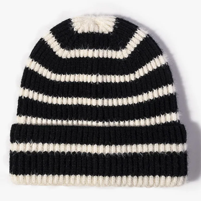 Custom Winter Skull Cap Stripe Beanie for Women Stripe Beanie Slouchy Knitted Winter Ski Hat Unisex Cuff Ski Beanie