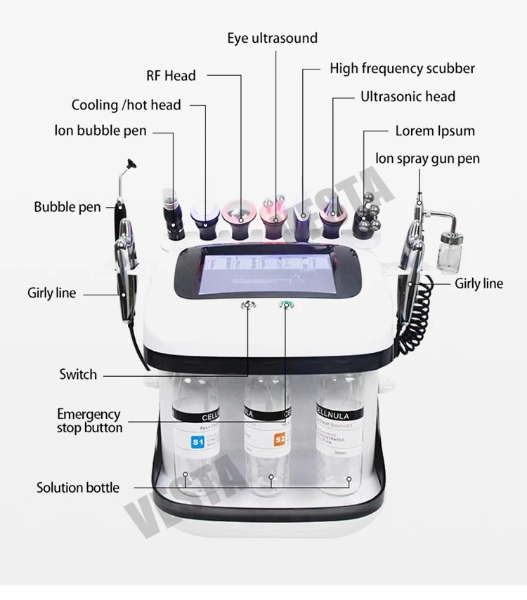 Vesta original factory 10 in 1 small bubble 3 bottles h2o2 skin beauty aqua peel hydro Oxygen facial machine