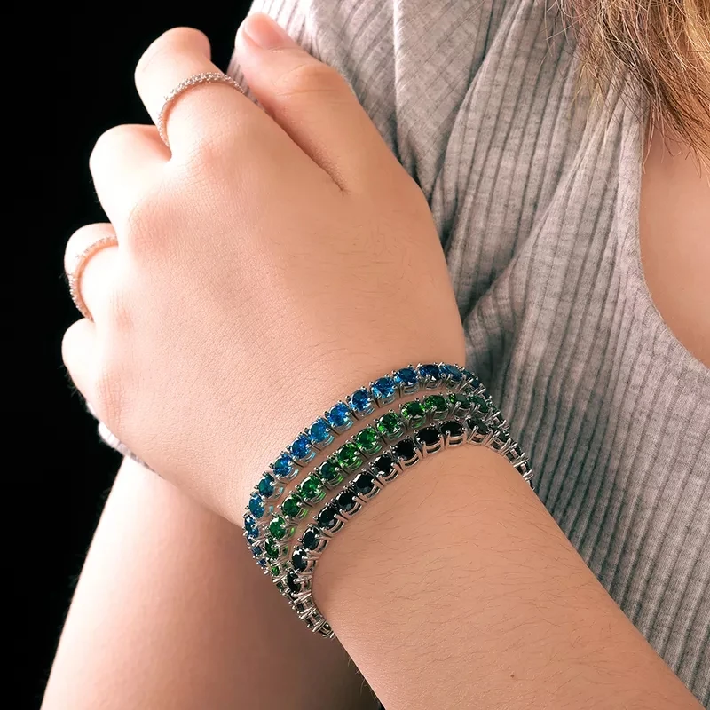 Trend Fine Jewelry 3mm 4mm 5mm 925 Sterling Silver Blue VVS Moissanite Diamond Cluster Tennis Chain Bracelet Necklace