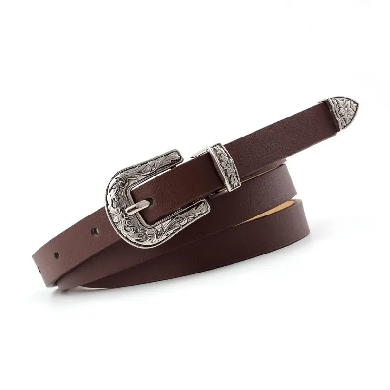 Amazon top  selling Fashion western Retro engraving belt Wholesale Women PU Leather Double Buckle Belt