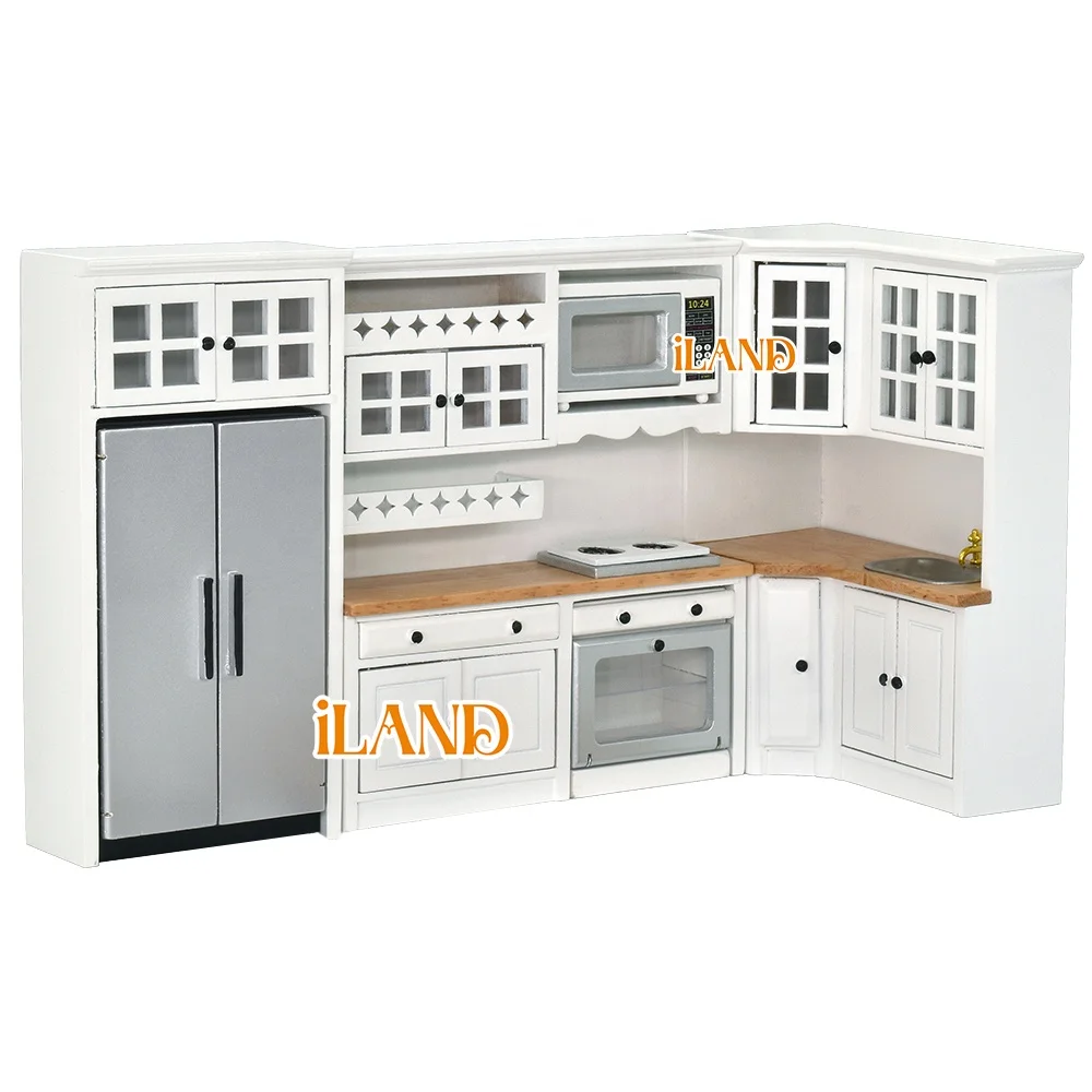 Деревянная мебель для кукольного домика iLAND в масштабе 1/12 современного кухни миниатюрные кухонные шкафы холодильник микроволновая печь