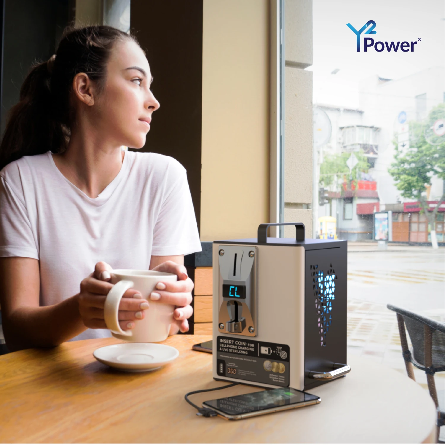 YOO PLUS Coin Operated Desktop Mobile Clean &Charge Station with UV-C bulb and industrial braided charging cables for Restaurant