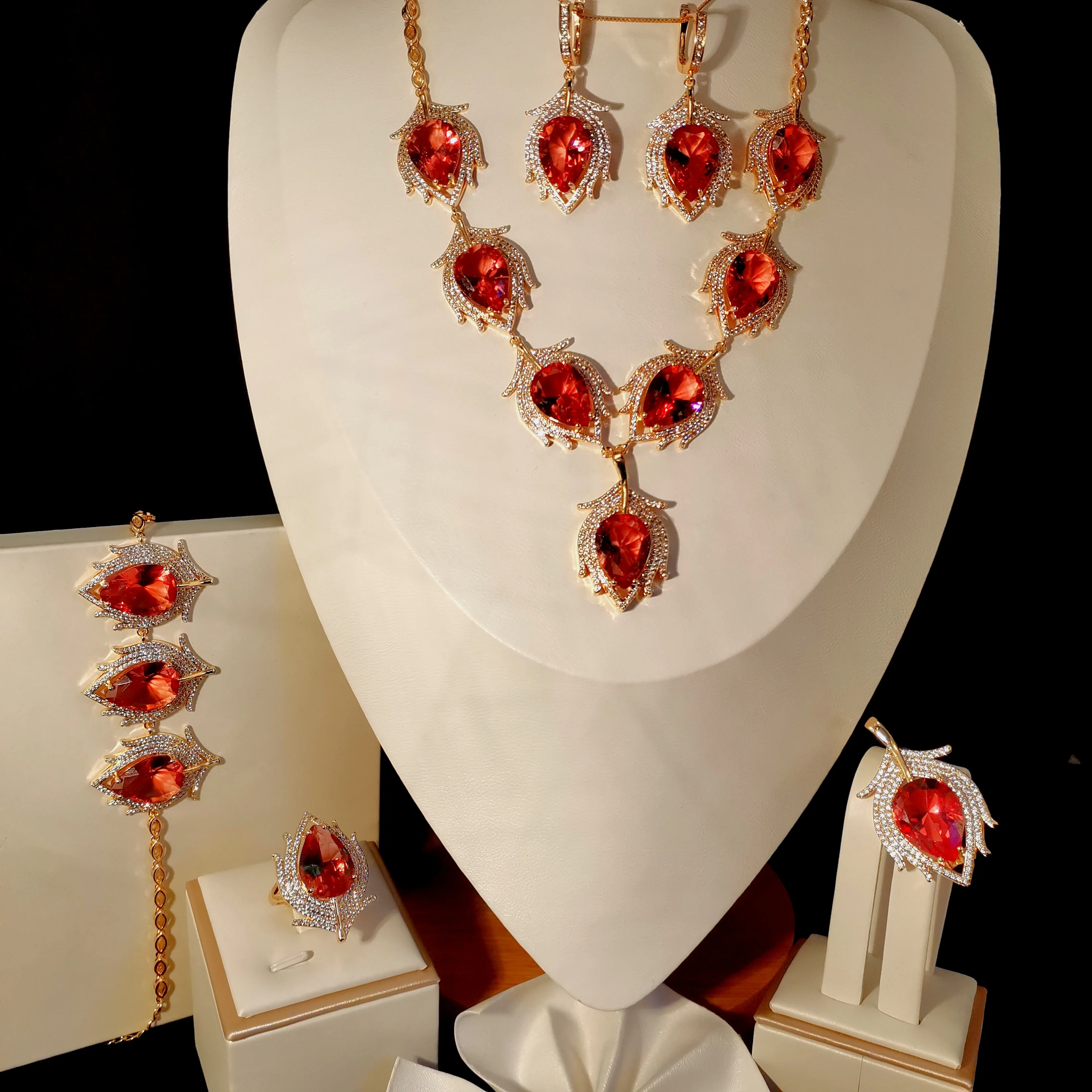 RTS wholesale gold plated Sultanite gemstone necklace earring bracelets ring  Leaves jewelry sets