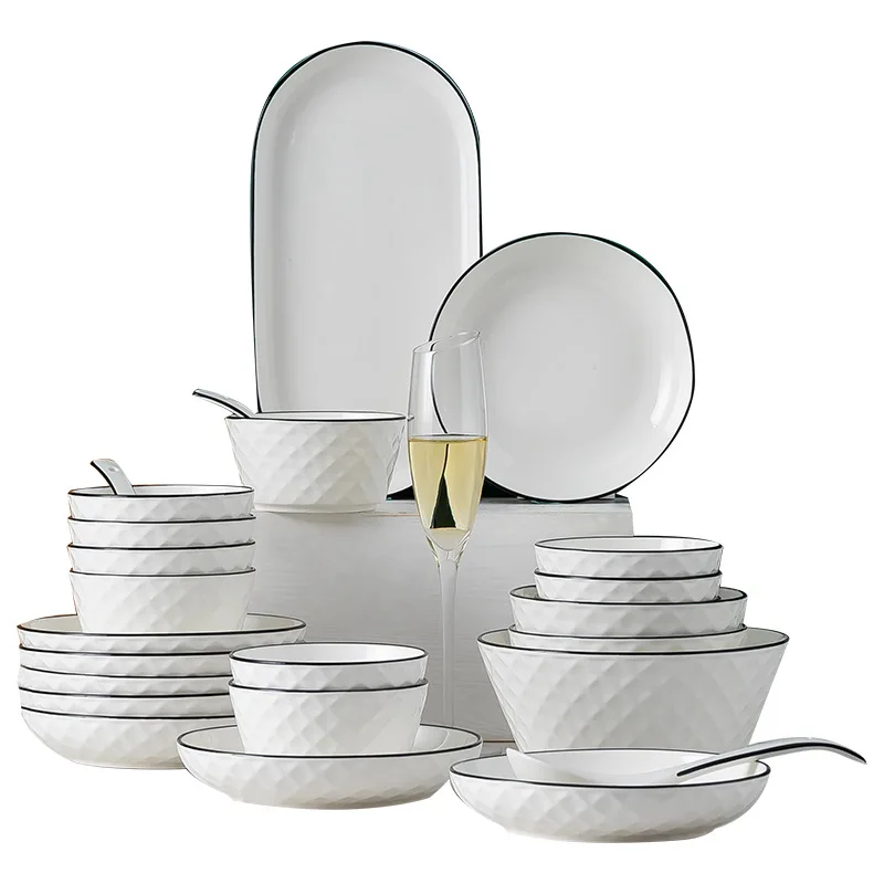 Dishes Wholesale Creative Ceramic Dining Household Noodles in soup Bowl Plate Combination Tableware Set Gift Diamond Pattern