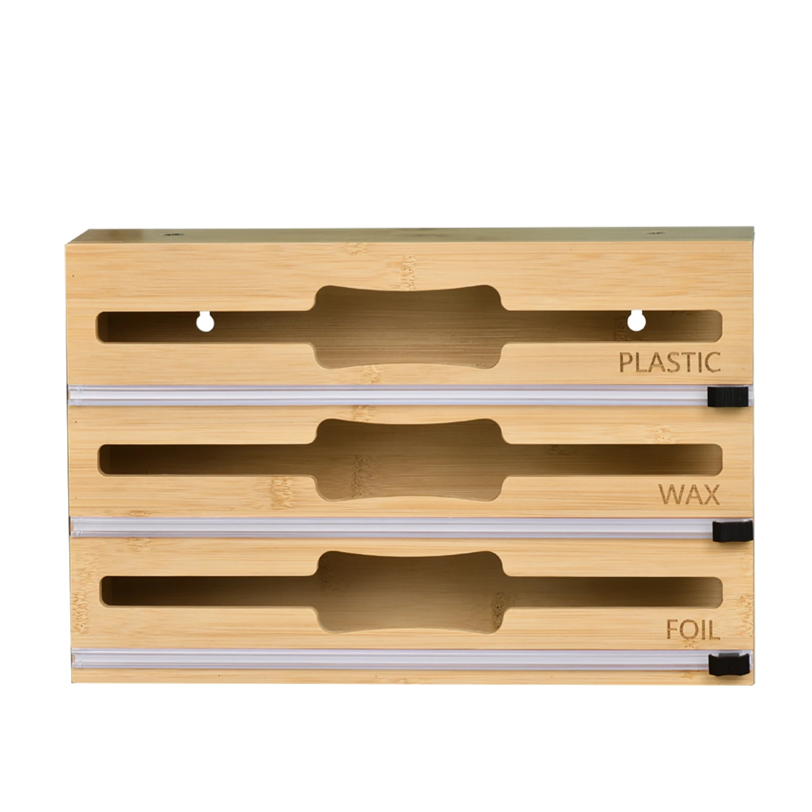 China Wholesale Plastic Wrap Aluminum Foil and Wax Paper Dispenser for Kitchen Drawer 3 In 1 Bamboo Wrap Dispenser with Cutter