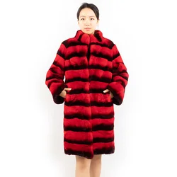 DH IATOYW hot style red color stand collar fur overcoat 90cm long winter warm women rex rabbit fur coat