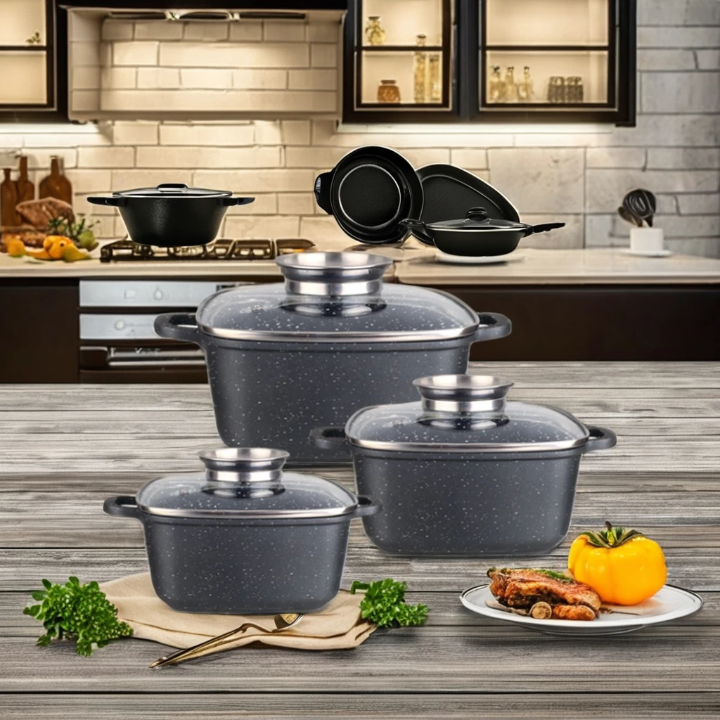 6 piece die casting aluminium square casserole cookware set with nonstick marble coating