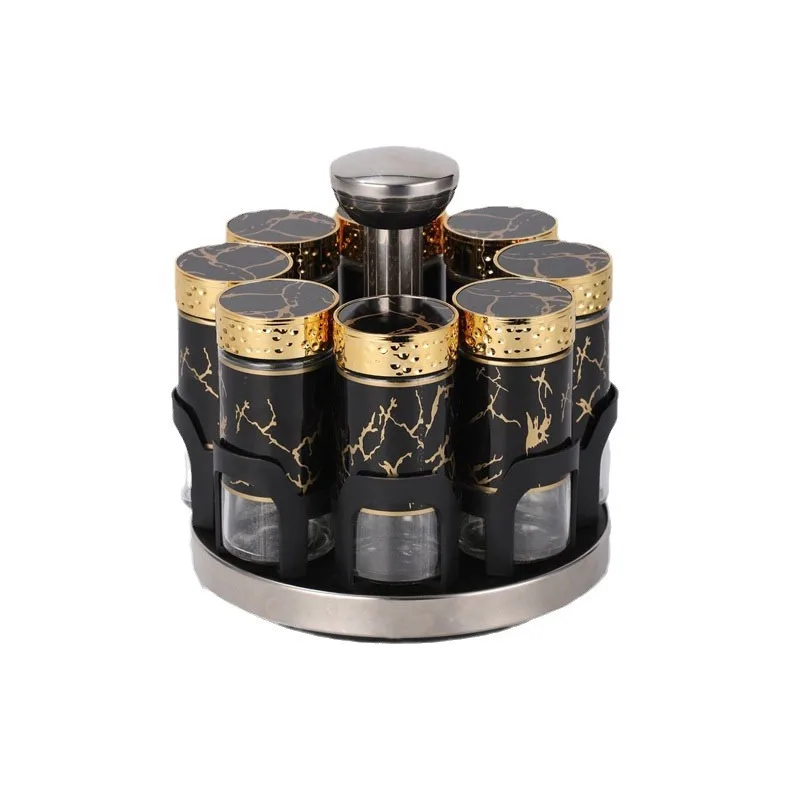 WONDERFUL High Quality Marble Glass Kitchen Salt Pepper Shaker Bottles 2-Tier Black Household 360° Rotating Spice Rack Jars Set