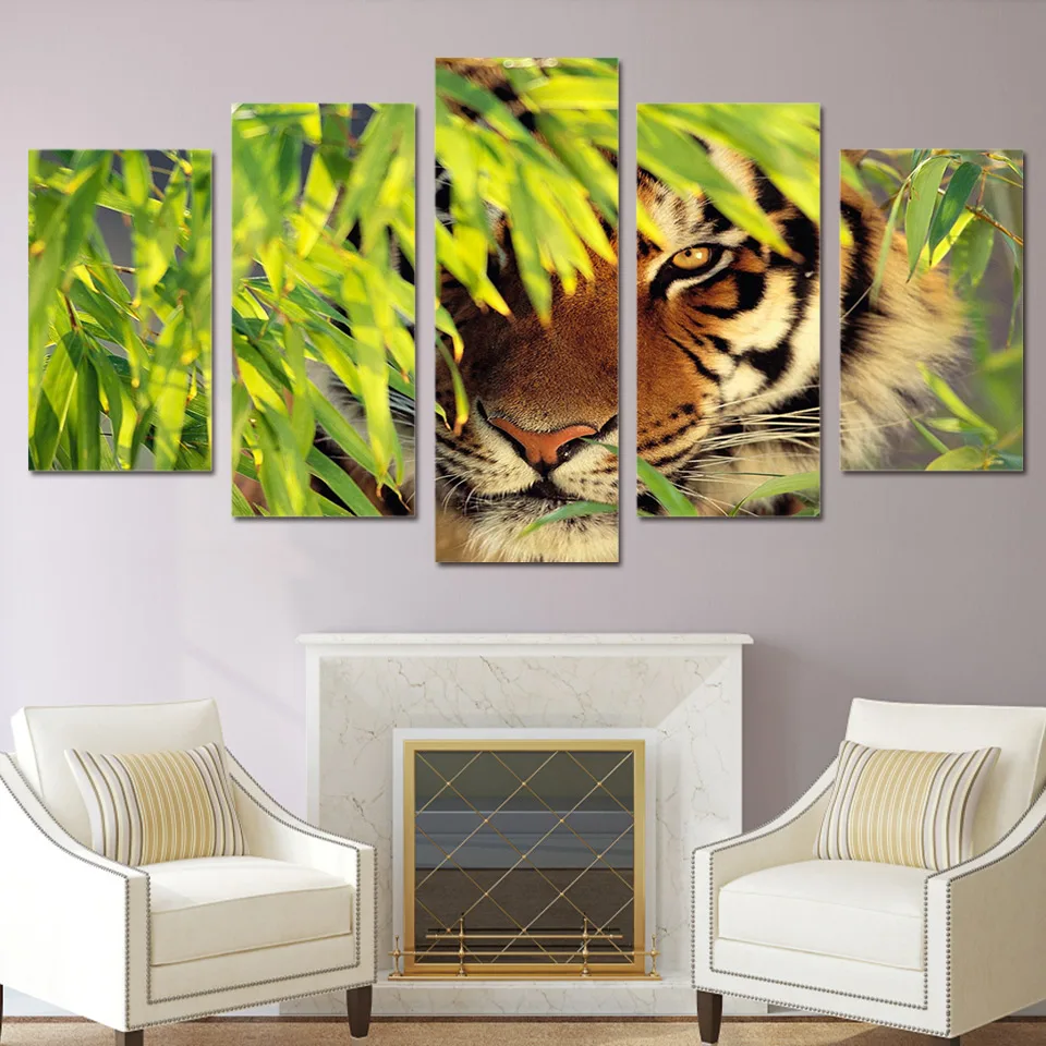 
HD Printed 5Pieces Bamboo Animal Tiger Picture Poster Canvas Painting For Room Decoration 