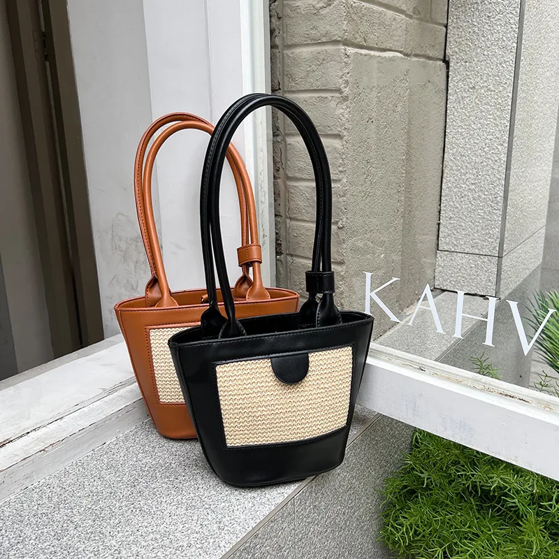Hot sale ladies designer hand bag shoulder straw bucket bags women handbags
