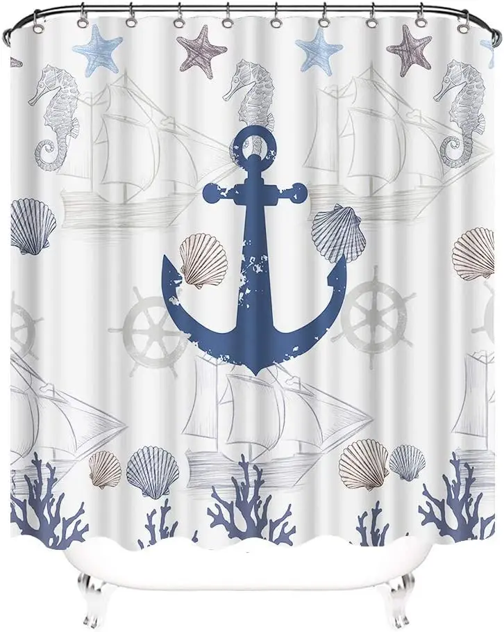 Nautical Anchor Shower Curtain Boat Sea Ocean Adventure Theme Print Waterproof Fabric Bathroom Curtain