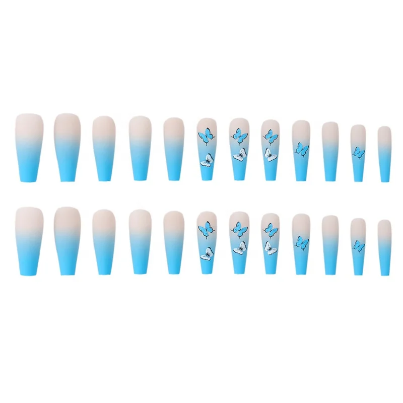 Paso Sico 24pcs/Set Gradient Blue Butterfly Matte Finished Long Ballet Design False Press on Nails for Wholesale Nail Tips Wholesale