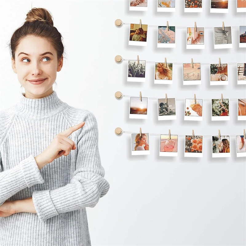 Strings with 30 Clips Self Adhesive Hooks Hanging Photo Display Room Wall Decor Sculptural Picture Frames Collage