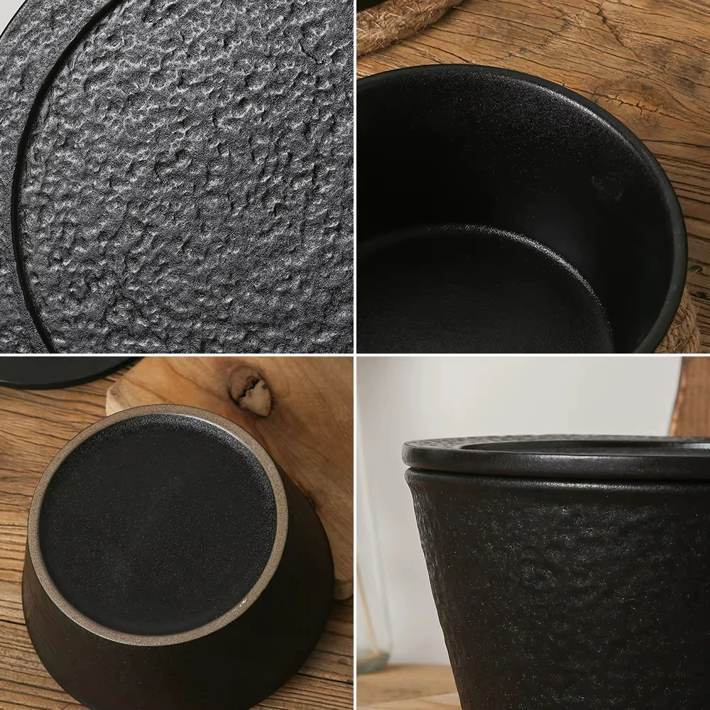 3500 ml 10 inch Stackable Glaze Black Ceramic Large Salad Bowl with Lid Fruit Bowl for Kitchen
