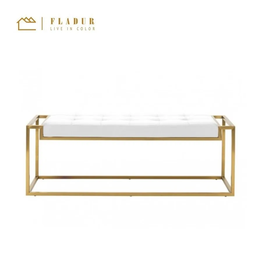 Brushed Gold Metal Frame White Faux Leather Tuffted Ottoman Bench for Lounge Bedroom Living Room