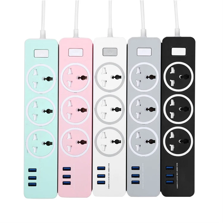 Fashion Pink  Black White Color 3 Ways 3USB Port Electrical Socket Extension Board With Switch Universal Power Strip