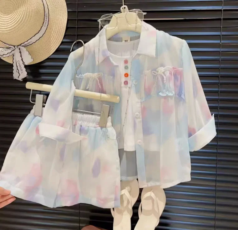 2024 Latest Girls fashionable sunscreen suit children air conditioning shirt + vest + shorts three-piece suit