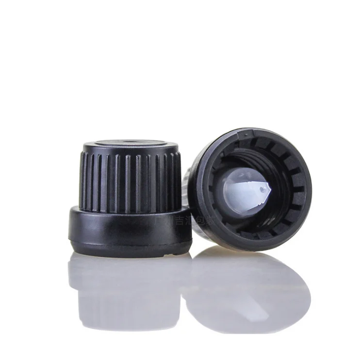 18mm black white plastic tamper proof cap for container sealing, essential oil bottle lid with plug /orifice reducer