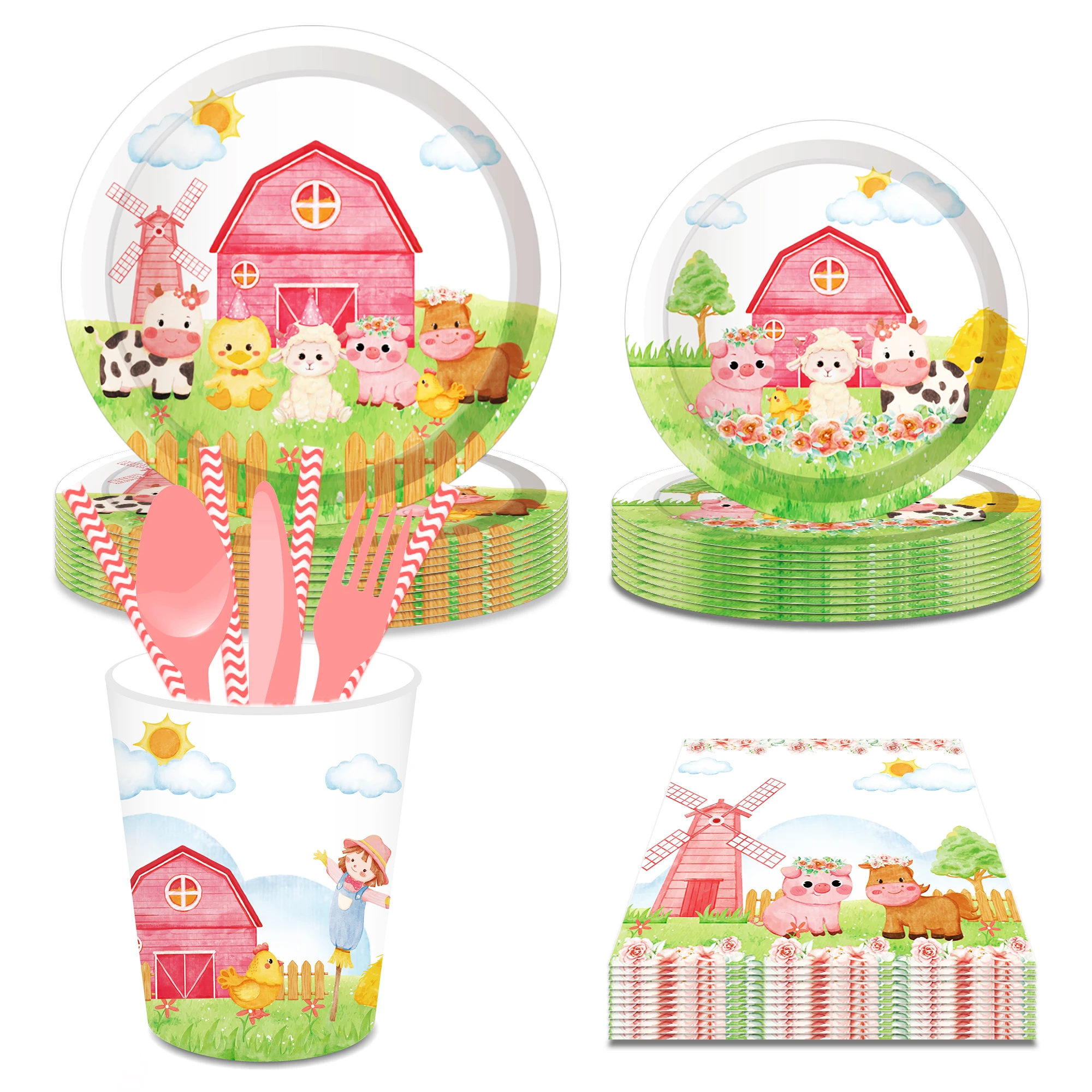 Huancai Pink Farm Animals Party Supplies Barnyard Paper Plates Cups Napkins Disposable Tableware Set for Kids Birthday Decor