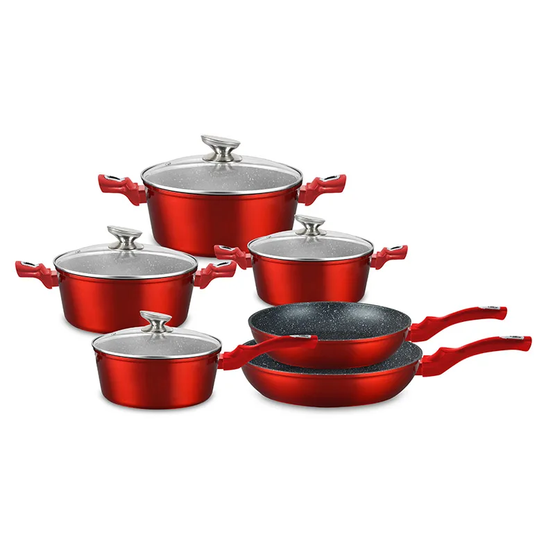Nonstick Granite Cookware Sets 10 PCS Red High Grade Induction Dutch Oven Cookware Set