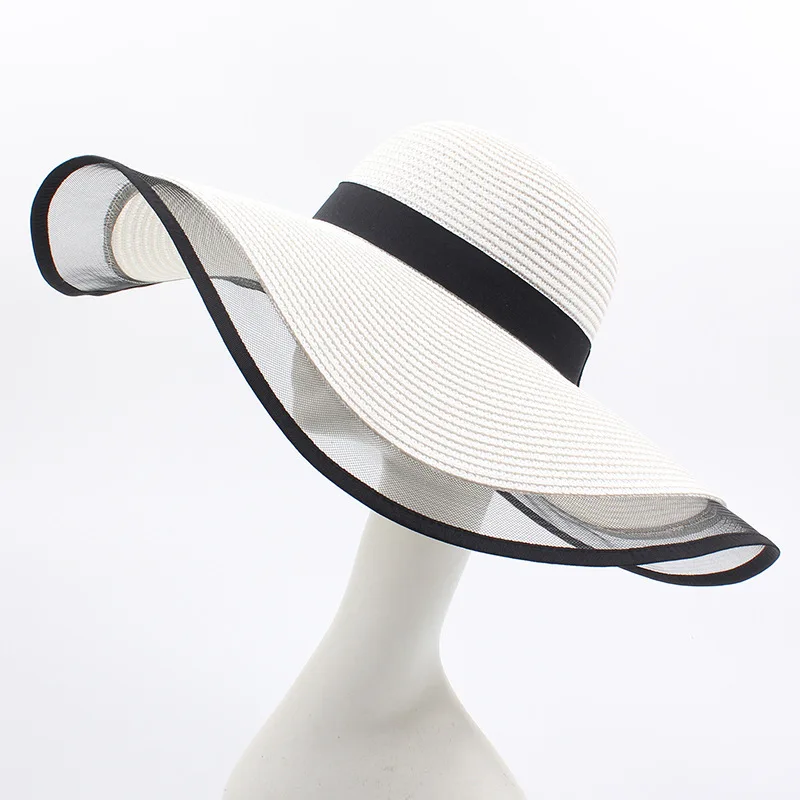 wholesale female elegant summer beach hats Mesh trimmed oversized women wide brim straw sun hats