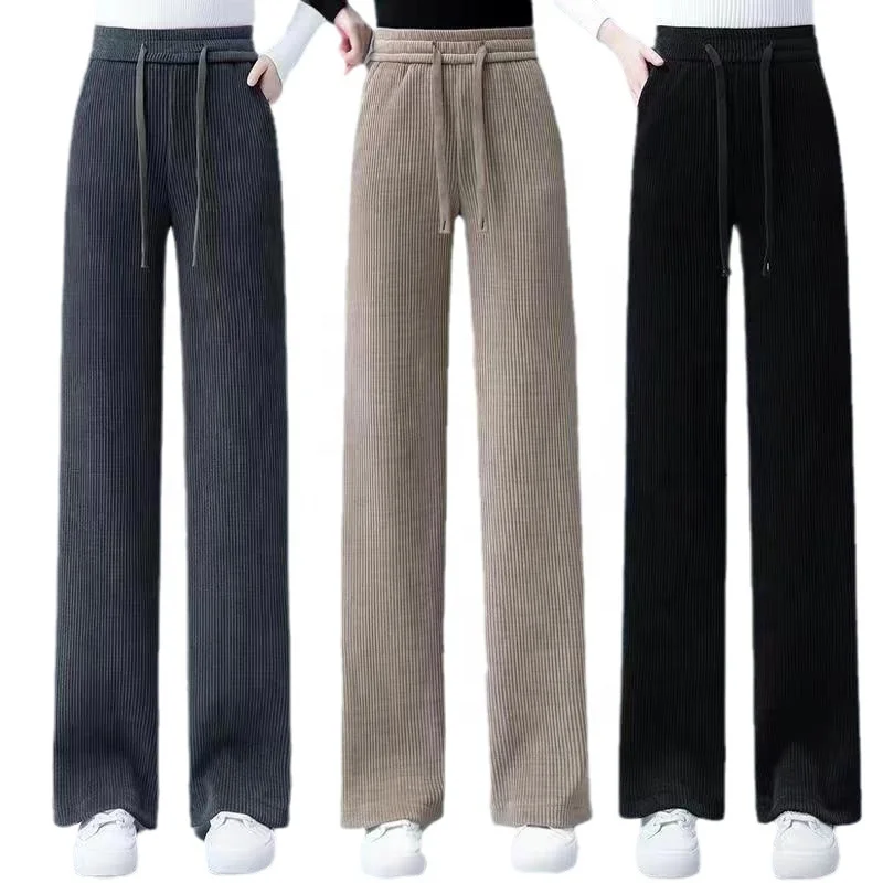 New Arrival 2thickness options for Autumn and Winter corduroy wide leg pants high waist sag straight pants trouser for women