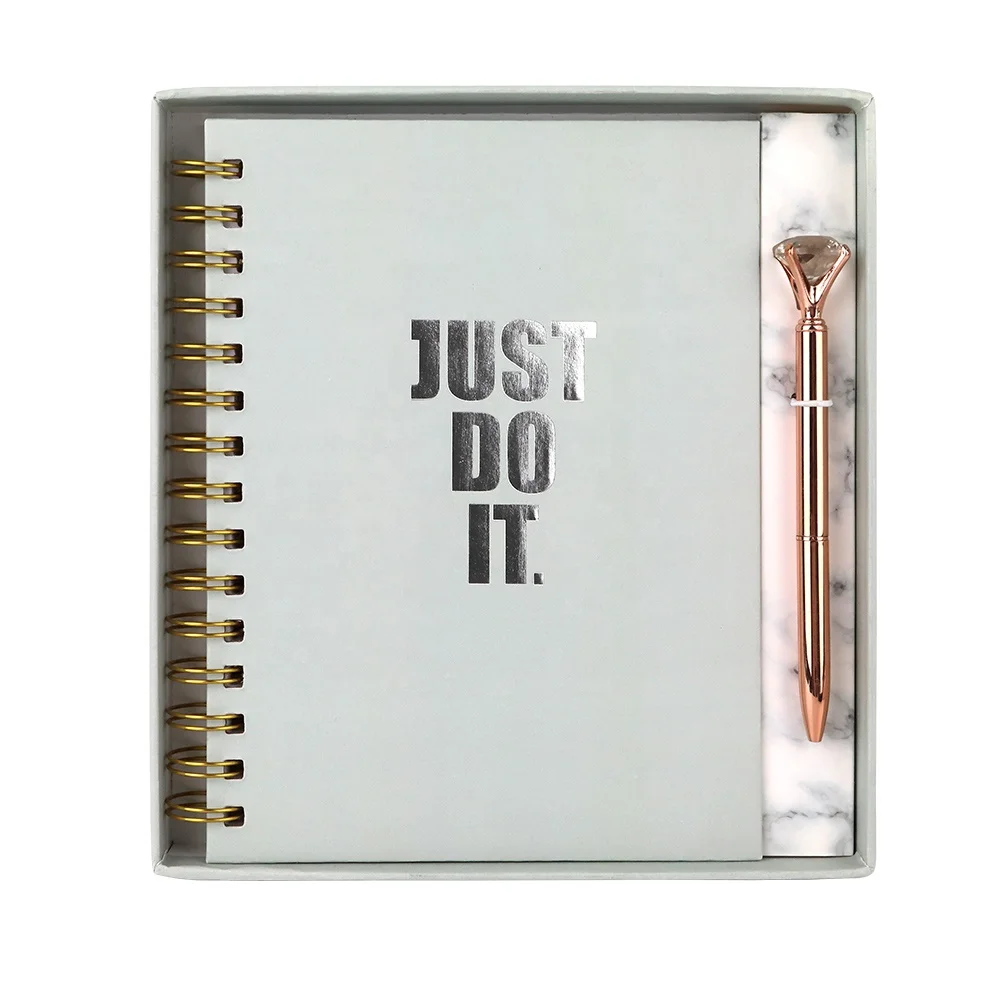 Wholesale High Quality Paper Logo Printed Note Book Stationary Green Spiral Coil Positivity Journal and Pen Set Notebooks