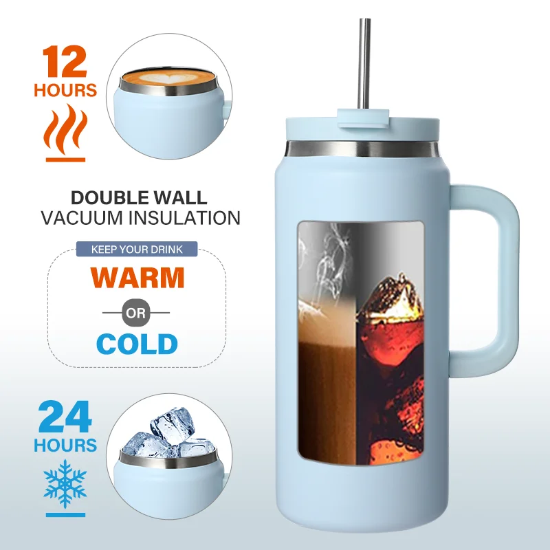 ODM 64oz Eco-friendly Sports Food Grade Stainless Steel Vacuum Insulated Coffee Tumbler Travel Mug with straw and handle and lid