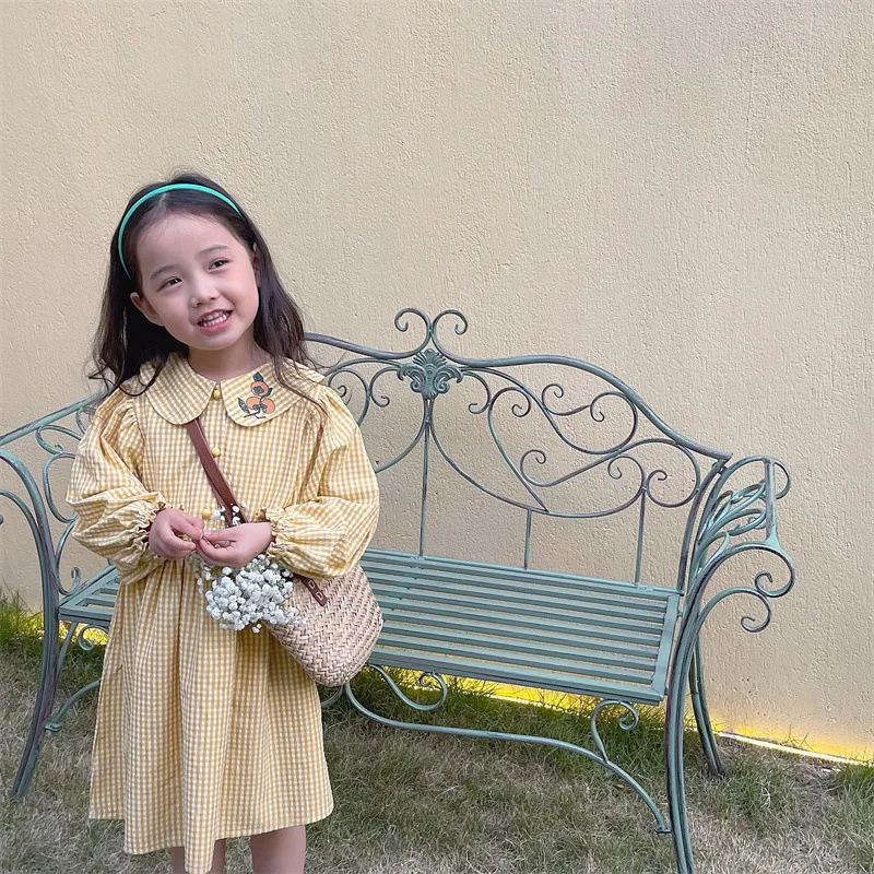 Retro Style Kids Dresses For Toddler Girls Long Sleeve Costume Cute Collar Cotton Clothes Plaid  Dress for Kids