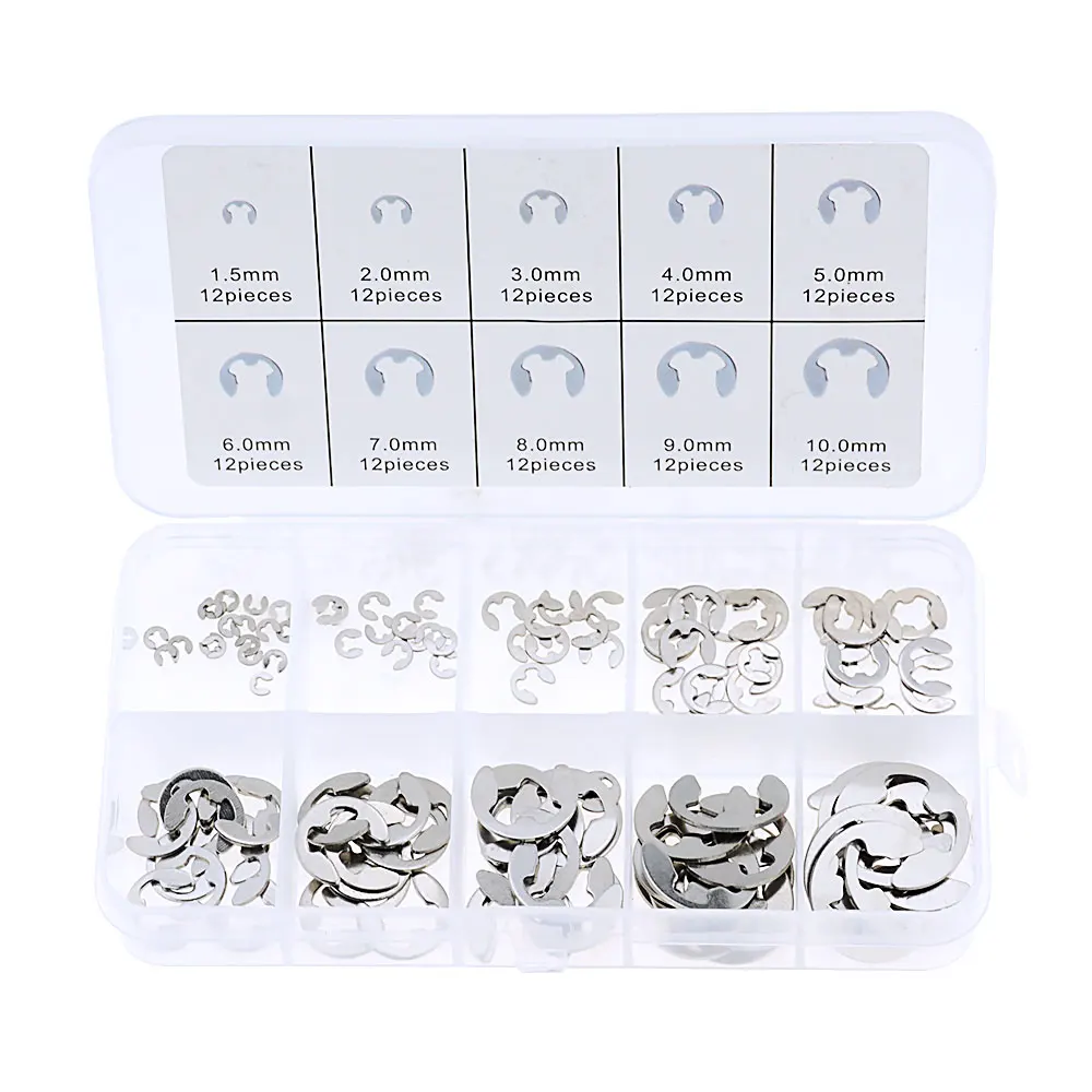 120/200 PCS 304 Stainless Steel Stainless Steel E Clip washer Assortment Kit Circlip retaining ring for shaft fastener M1.5~M10