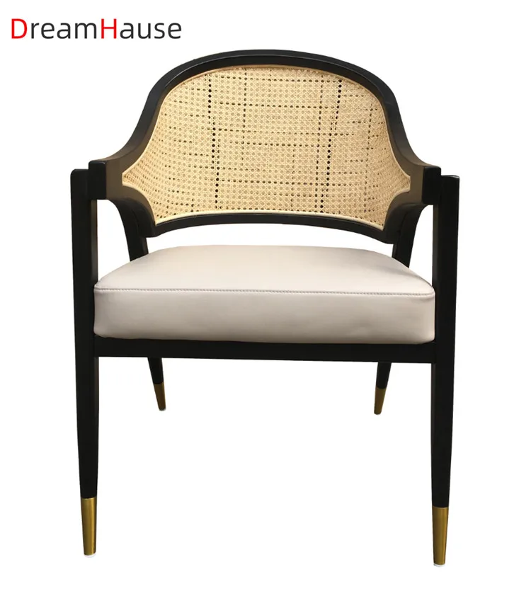 Dreamhause Simple Modern American Solid Wood Dining Chairs Wood Rattan Chair Nordic Cafe Chair with PU Upholstered